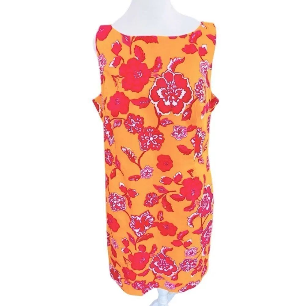 Jones New York Orange/Pink floral sleeveless lined Sheath Dress size 14.